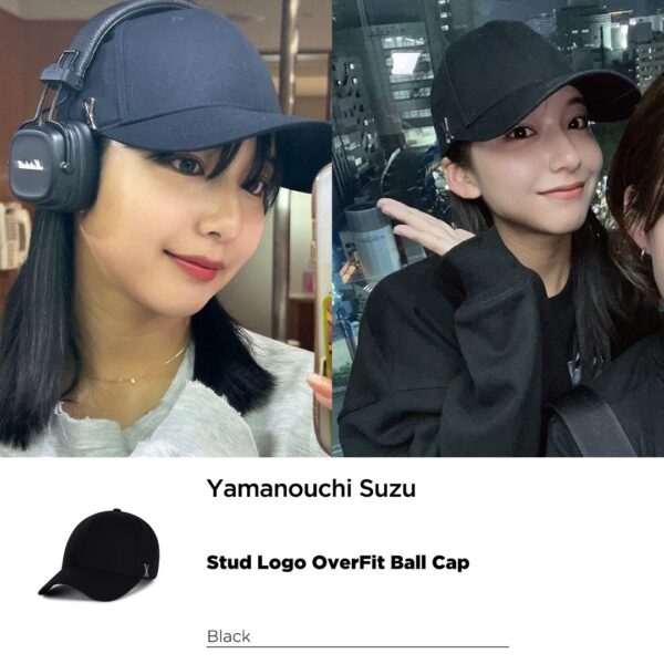 VarzarのStud Logo Over Fit Ball Capの黒いキャップをかぶっている山之内すずさん
